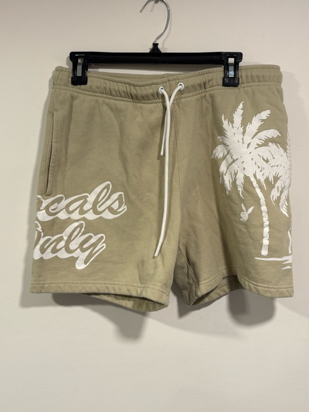 PLAYBOY Beige Sweat Shorts with White Drawstring and Palm Graphic